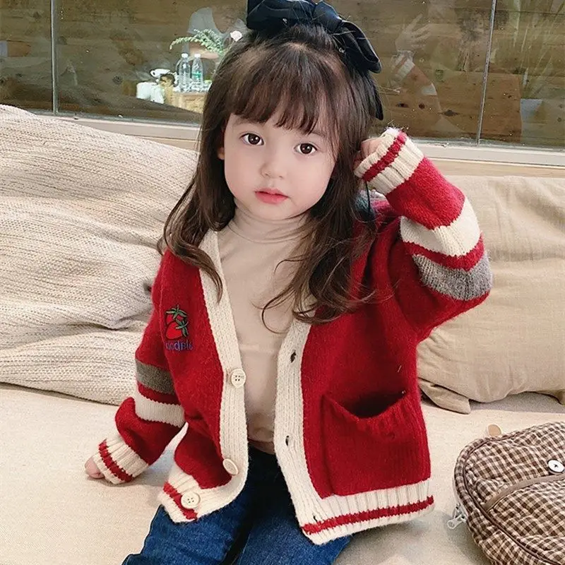 

Girl Sweater Kids Baby Outwear Tops 2021 Beauty Thicken Warm Winter Autumn Knitting School Sport Cardigan Children Clothing