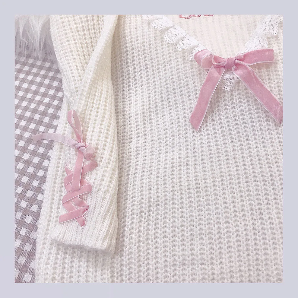 Lolita Cute Girl's Cashmere Long Sweater Japanese Warm Knit Pullover Dress Kawaii Heart Lace Patchwork Women Black Pink Jumper | Женская