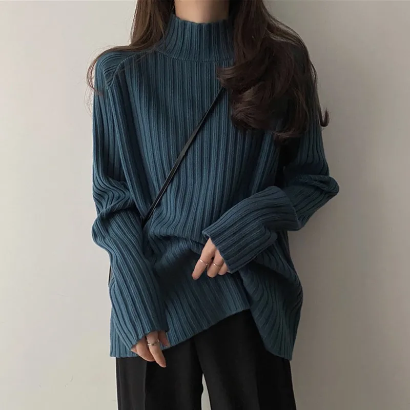 

Women Casual Sweaters New 2021 Autumn Winter Korean Style Half High Collar Loose Ladies Long Sleeve Knitted Pullovers T071