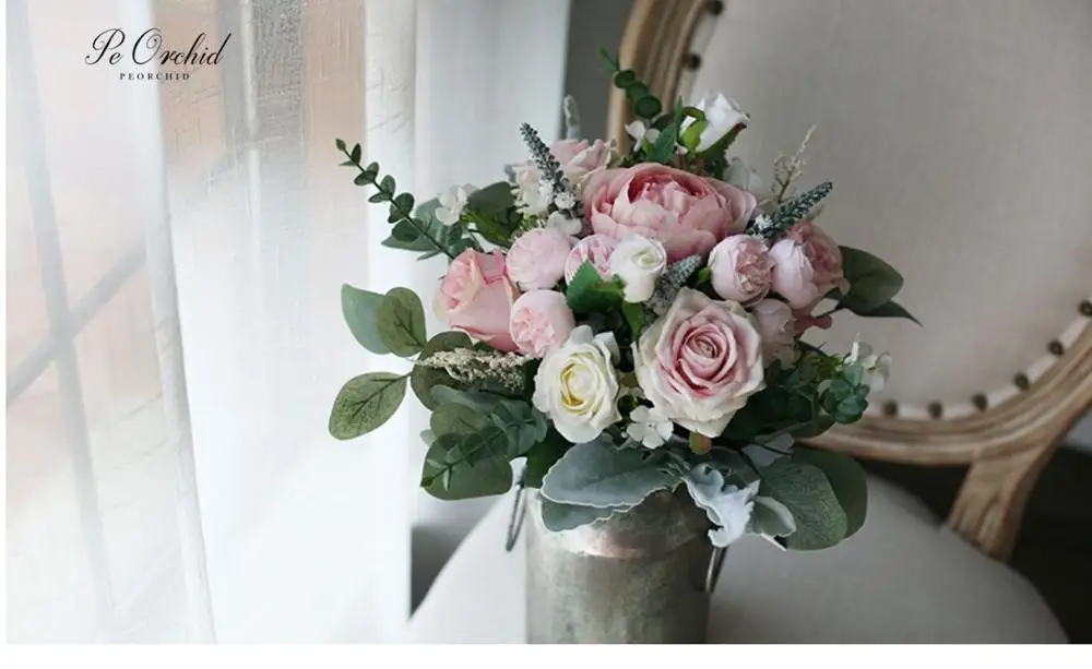 

PEORCHID Elegant Light Pink Roses Wedding Bouquet Bridal Flowers For Bridemaids Atificial Handmade Peony Bride Hoding flower