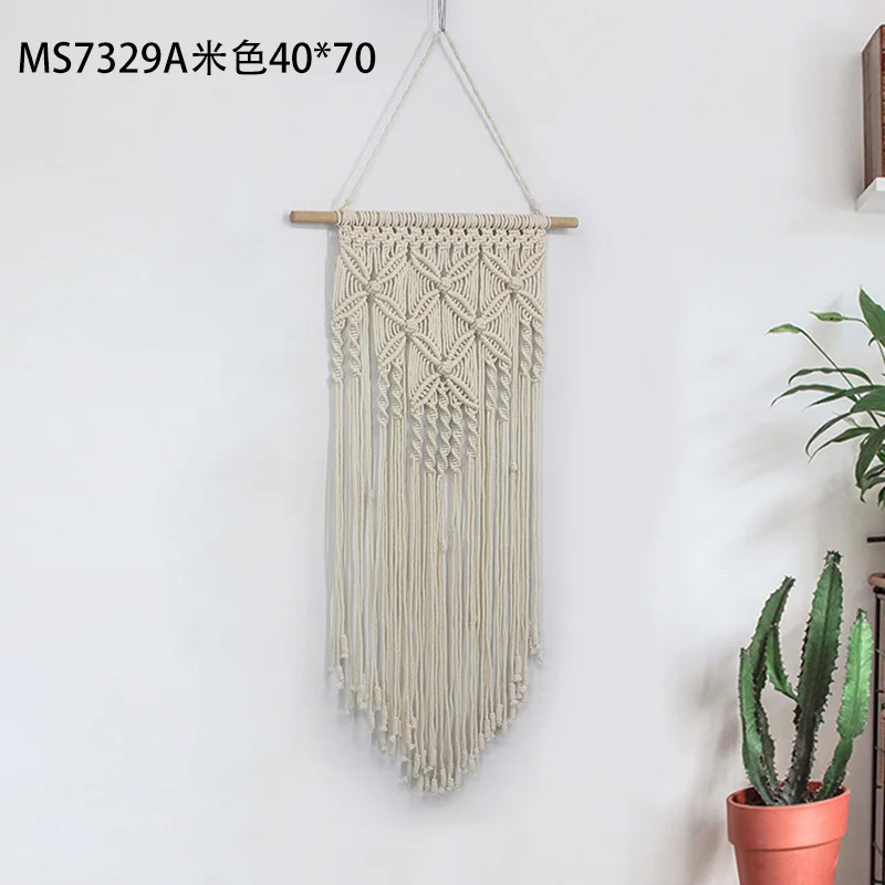 Beige 40x70cm Гобелен из макраме настенные подвесные гобелены Тканое произведение искусства Бохо макраме настенная Ткань хлопковая нить с деревянной палкой Рождественское украшение для дома - Цвет: Beige 40x70cm