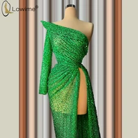 one shoulder long sleeve green evening dresses mermaid ruched vestido de festa pageant celebrity vestidos couture prom gowns
