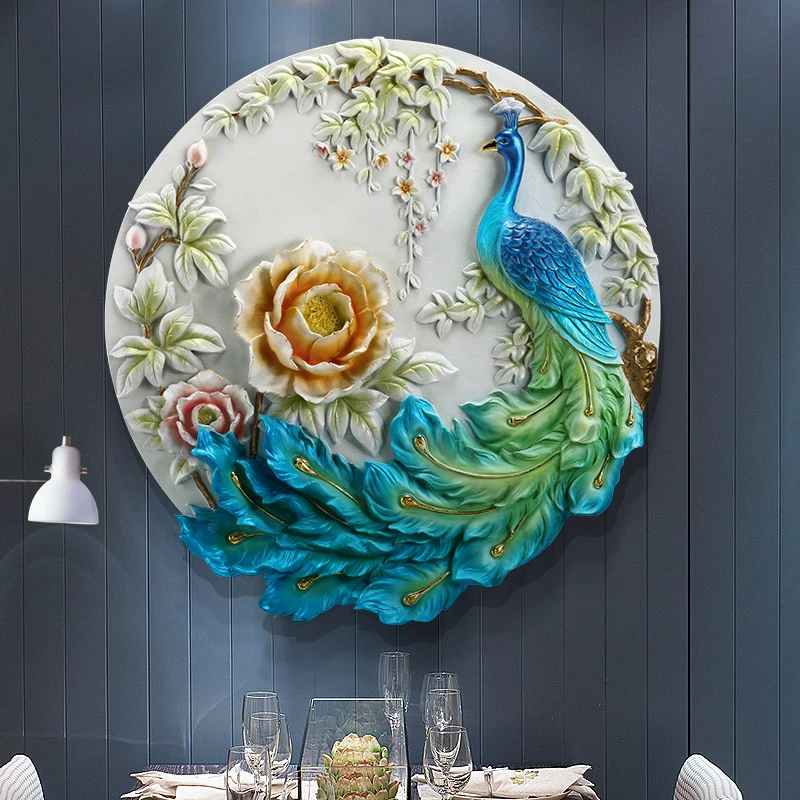 

European Restaurant Background Wall Decoration Painting 3d Peacock Embossed Living Room Hanging Picture Round Mural
