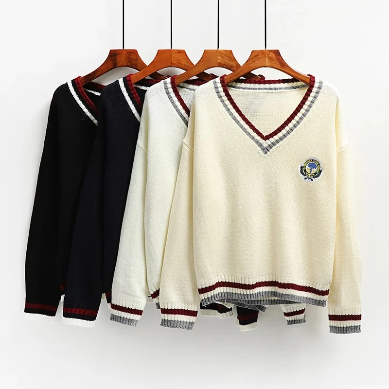

Women Sweater Pullover 2021 Autumn New Fashion Knit Embroidery V Neck Cute Girl Loose Casual British Style Sweater Top Outerwear