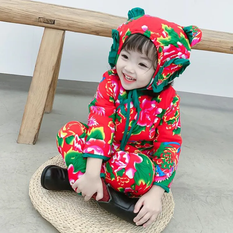 

DFXD Chinese Style Baby Girls Winter Clothing Sets For 1-7Yrs Thick Flower Print Cotton Padded Coat+Pant+Hat Three Piece Suits