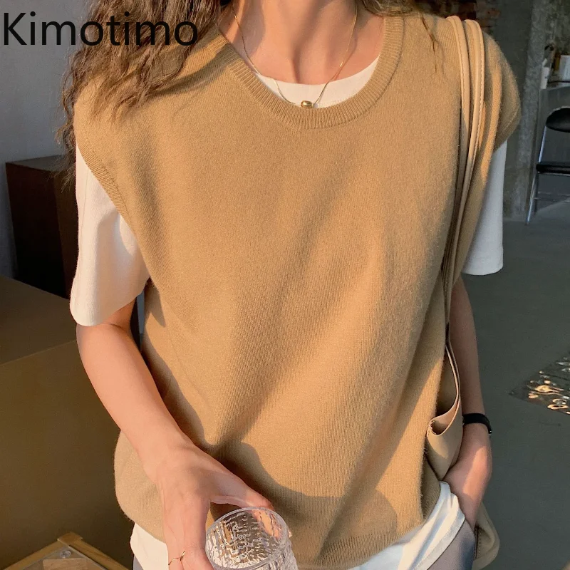 

Kimotimo Solid Sweater Vests Women Korean Chic Simplicity O-neck Overlap Sleeveless Pullover Autumn All-match Sweater Vest Ins