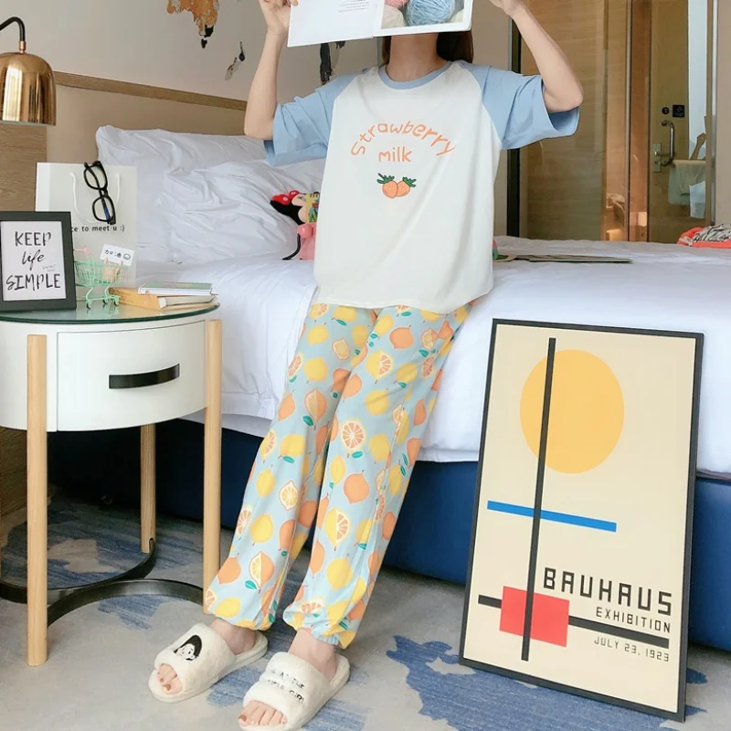 

Silka Surplus Orange Pajamas Women Summer Cotton Short-sleeved Sleepwear Trousers Suit Sweet And Cute Home Clothes Thin Pyjamas