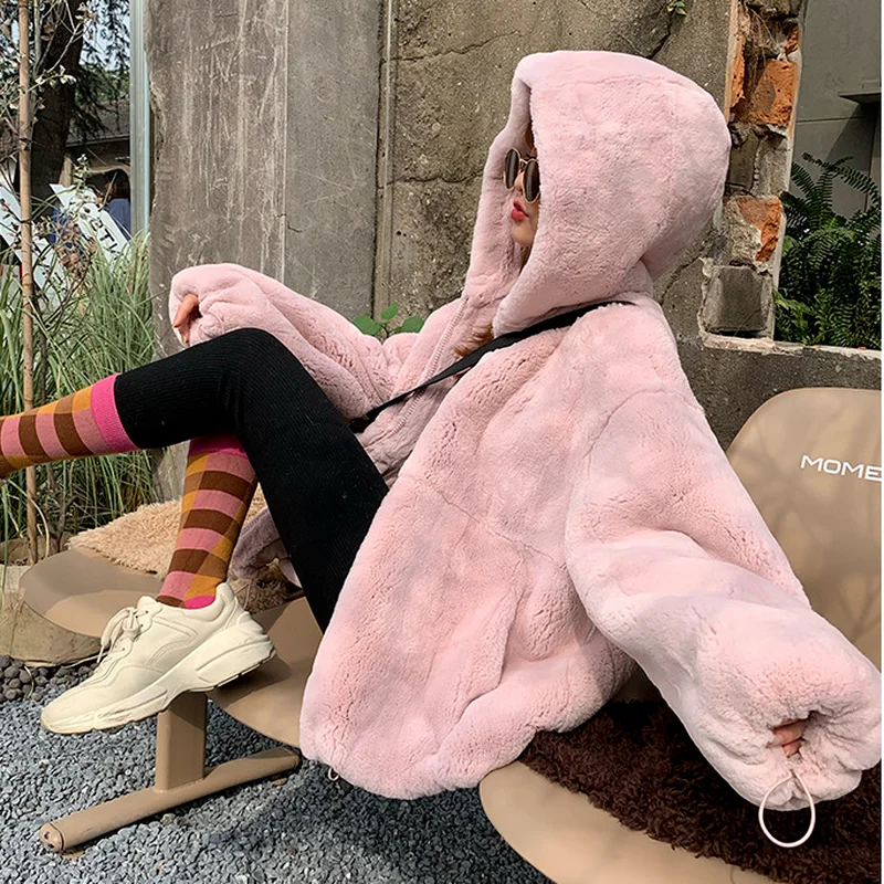 Faux Fur Jacket Women Furry Thick Hooded Baseball Uniform 2023 Winter Casual Loose Short Coat Ladies Luxury Blended Fur Jackets