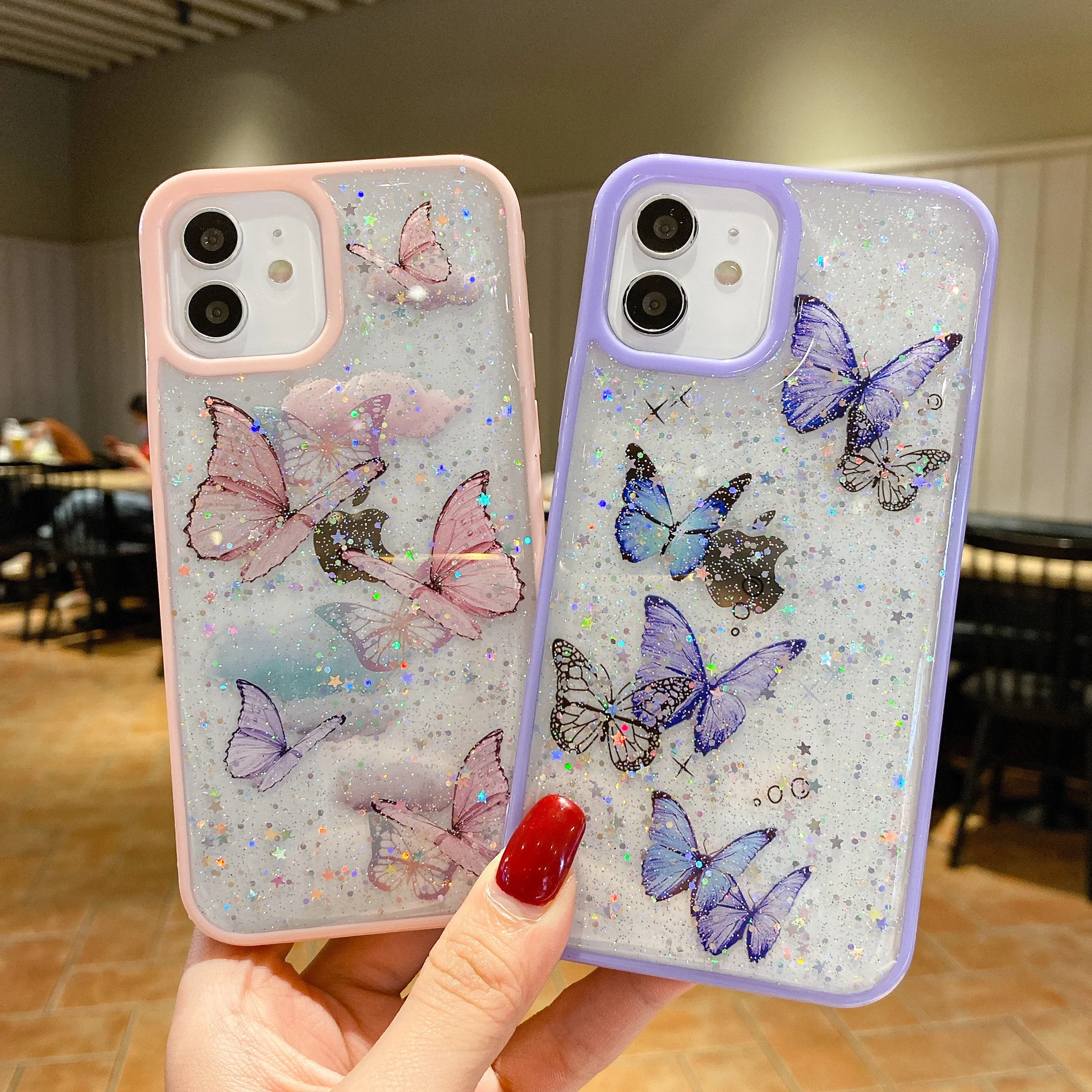 

Drop glue glitter butterfly mobile phone case suitable For iPhone 13 11 12xr / max Creative Star protective case