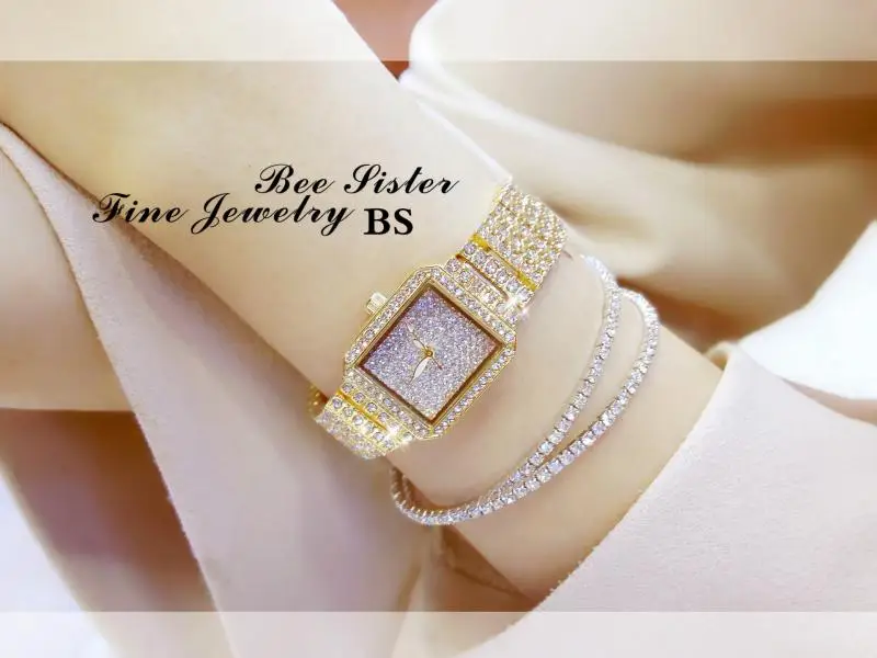 2022 квадратные кварцевые часы женские из розового золота с кристаллами для женщин