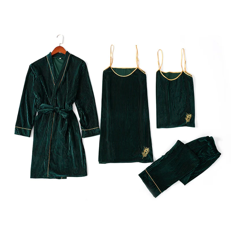 Autumn Winter Warm 3 Pieces Pajamas Set Women Sexy Sleepwear For Sleeveless Strap Nightwear Long Pant Robe | Женская одежда