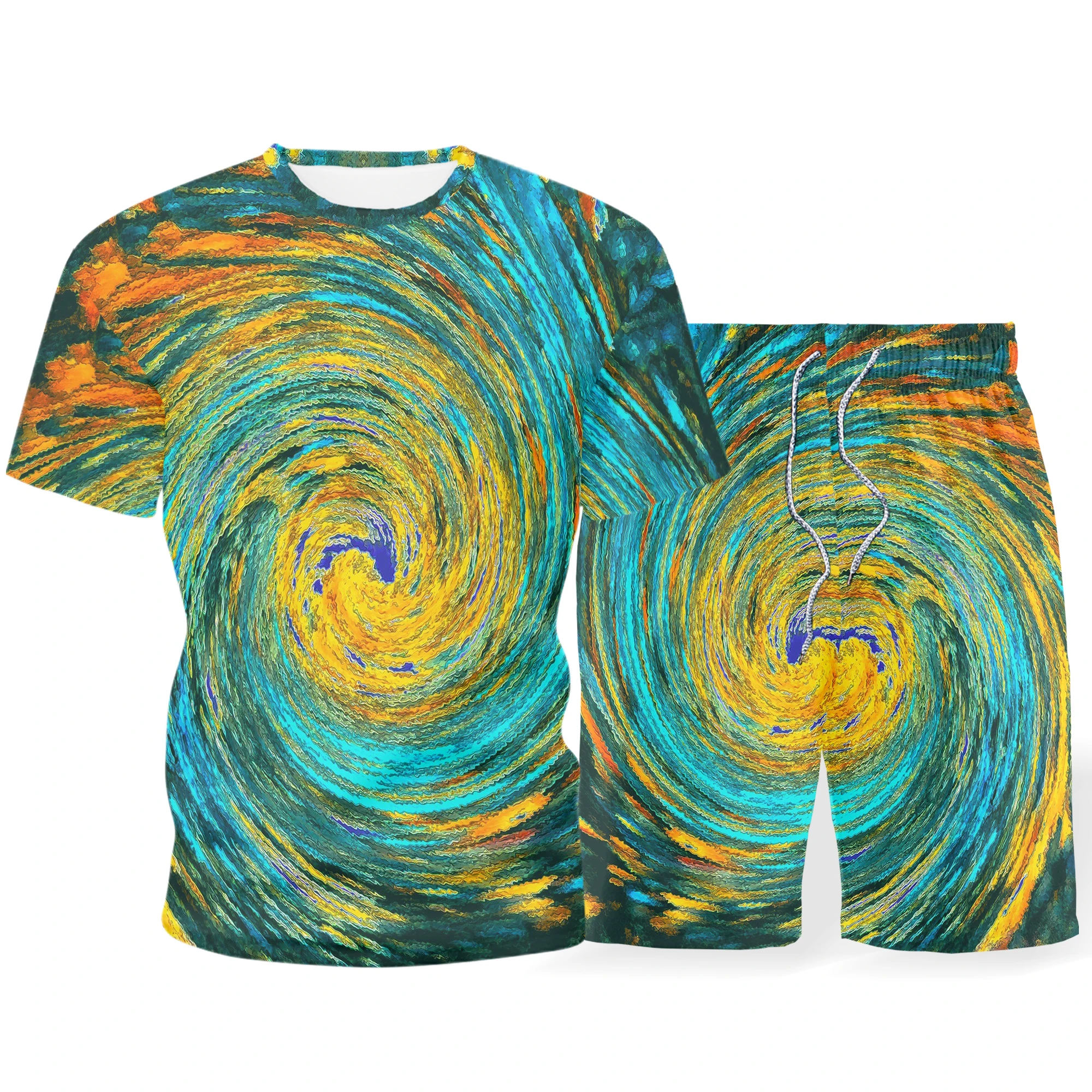 

2021 Summer Men's 3D Short Sleeve Suit Sports Shorts Suit T-shirt Vortex Colorful Men's and Women's Short Sleeve Round Neck Suit