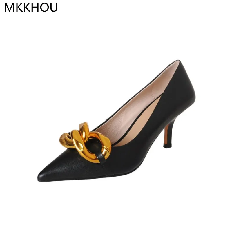 

MKKHOU Fashion Single Shoes Women's New High Quality Black Pumps Pointed Gold Big Chain All-match Dress Office Commuter Shoes