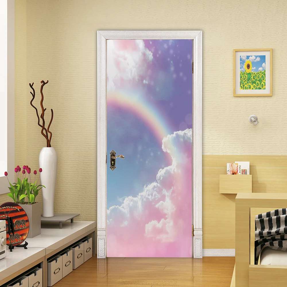 Self-Adhesive Wallpaper Unicorn Clouds Door Sticker For Girls Room Kids Bedroom Vinyl Cartoon Poster 3D Wall Sticker Home Design images - 6