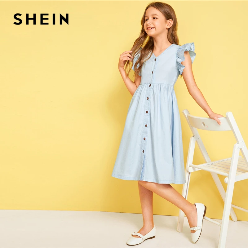 SHEIN/милое однотонное платье с v-образным вырезом и рюшами на пуговицах спереди для девочек-подростков; коллекция года; летние платья до колена с рукавами-крылышками