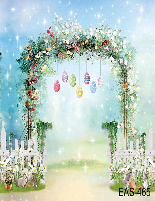 Spring Easter Backdrop Cartoon Photography Happy Bunny Decor Flowers Colored Eggs Green Plants Photo Studio Props Vinyl Cloth enlarge