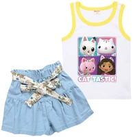 girls gabbys cats dollhouse outfit 2021 summer clothes set kids sleeveless t shirta line denim shorts 2pcs set baby clothing