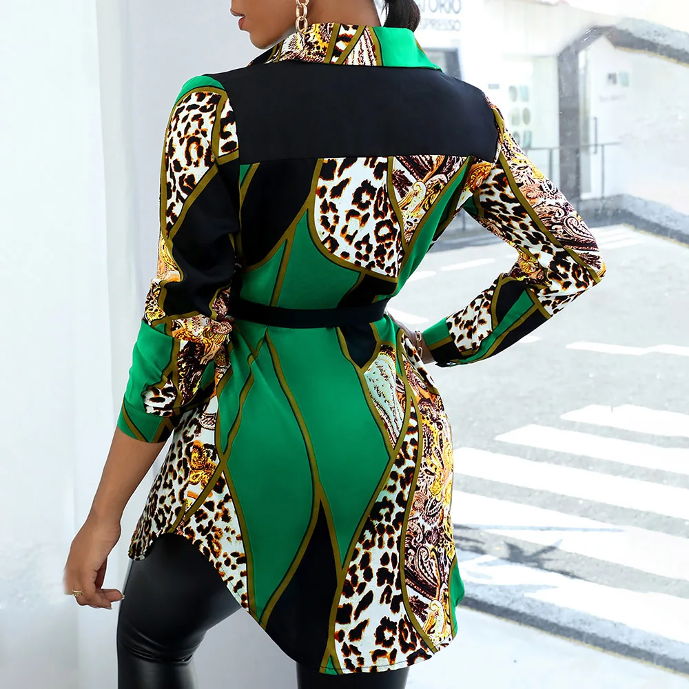 

African Chiffion Women Shirts Tops Spring Printed Long Blouse Slim Turn Down Collar Patchwork Office Lady Work Wear Blousa Femme