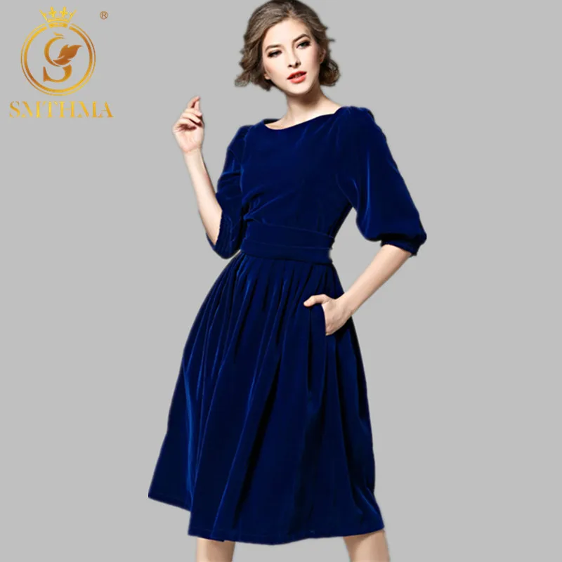 Женское вечернее бархатное платье SMTHMA подиумное из синего бархата высокого
