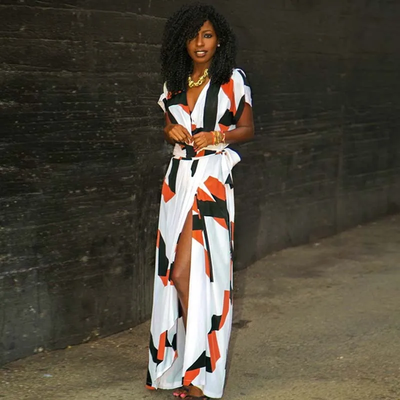 Женское асимметричное платье макси Летнее Длинное с высокой талией V-образным