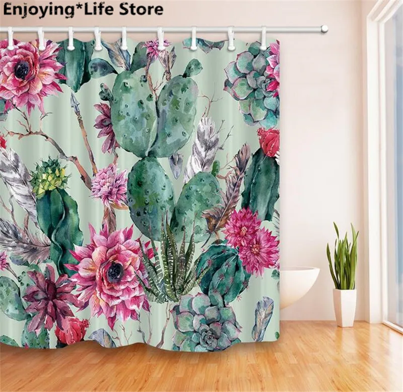 

Cactus & Flower Shower Curtain Waterproof Fabric Shower Curtain Bathroom Decoration 72inch x72inch with 12 Hooks