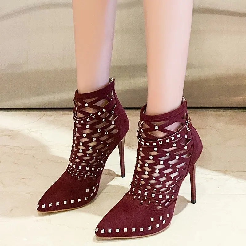 Женские босоножки на шпильке босоножки-гладиаторы с острым носком и заклепками