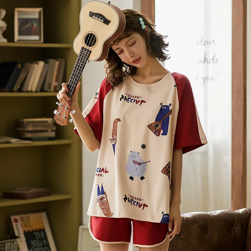 

New Summer Polyester Cotton Short Sleeve Thin Version Two-Piece Suit Section Pajamas Maiden Sweet And Refreshing Homewear