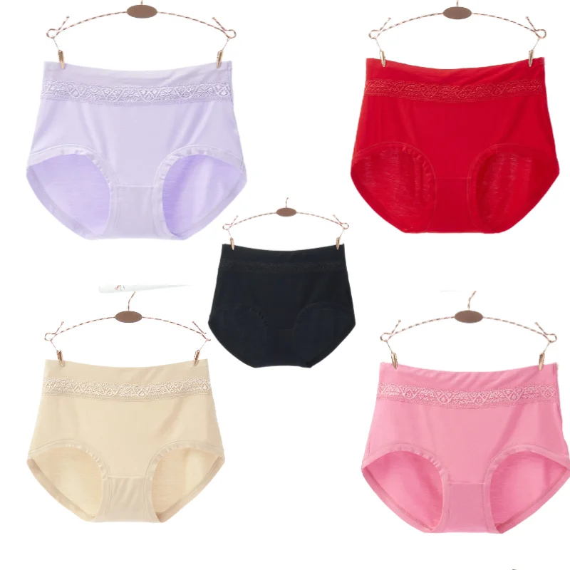 5Pcs/Lot Mid Waist Abdomen Cotton Briefs Plus Size Striped Panties Lace Underwear Lingerie Antibacterial Modal Underpants XL XXL