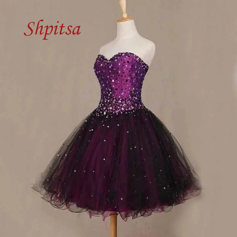 Black and Purple Short Homecoming Dresses 8th Grade Prom Dresses Junior Beaded Cute Sexy Cocktail Graduation Formal Dresses