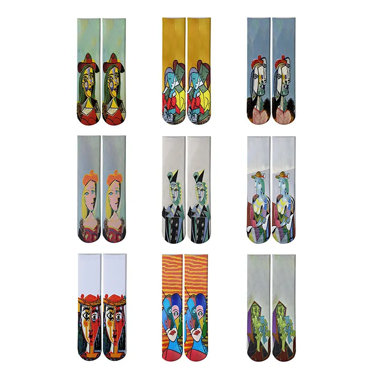 

New Hot Picasso Oil Painting Crew Socks Fashion Hipster Van Gogh Novel Art Long Socks Women Funny Abstract self portrait Socks