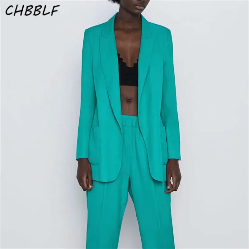 CHBBLF women basic solid blazer notched collar long sleeve pockets jacket female stylish outwear tops XDL2240