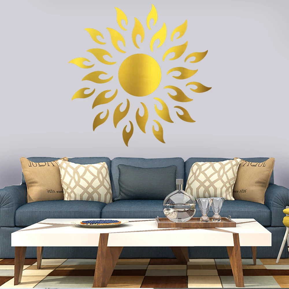 

Gold Silver Black Personality Fire Sun Flower Shape Living Room Bathroom Adhesive Acrylic Mirror Wall Stickers Home Decoration
