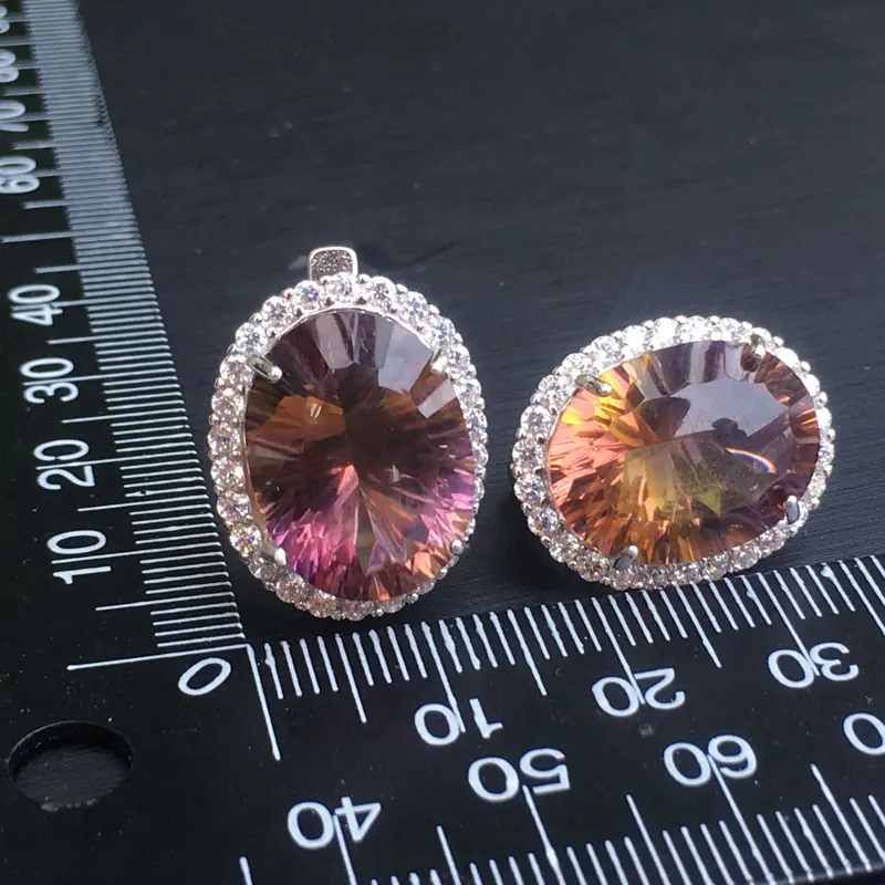 Большая кварцевая серьга CSJ с камнем Аметрин серебро 925 пробы вогнутая огранка 12*16