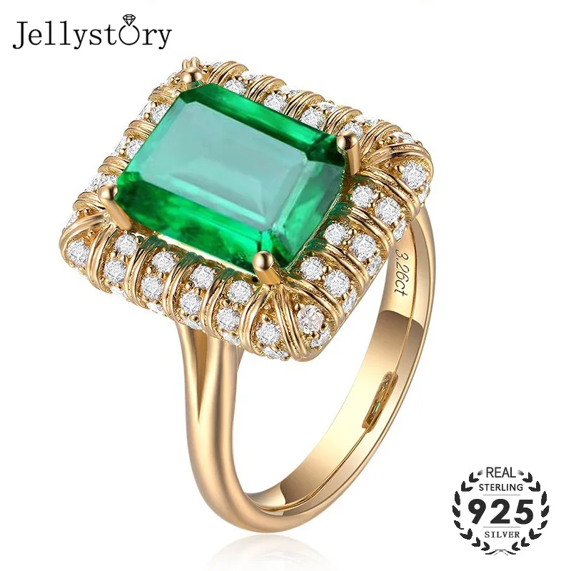 Jellystory роскошные прямоугольник Изумрудное кольцо для женщин 925 серебро ювелирные