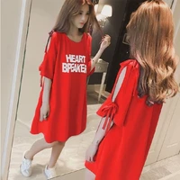 2020 new large size womens bowknot dress letter printing five point sleeves off shoulder mid length short sleeved t shirt