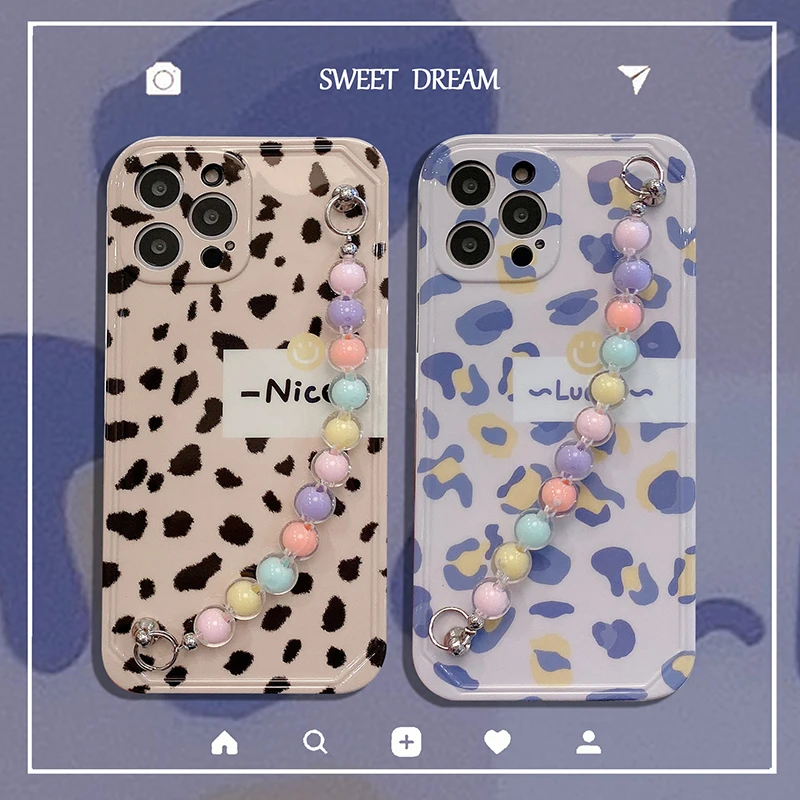 Color Leopard Pearl Bracelet Phone Case With Strap For Iphone 11 12pro Max Silicone Soft Shell For Iphone X XR XSMAX 8 7 Case