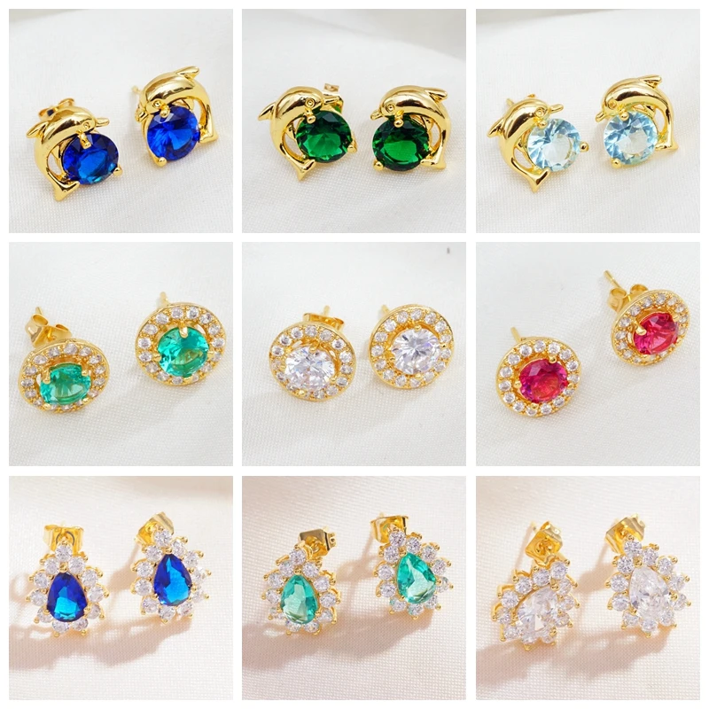 Женские серьги гвоздики с животными золотистые круглые дельфином подарочные