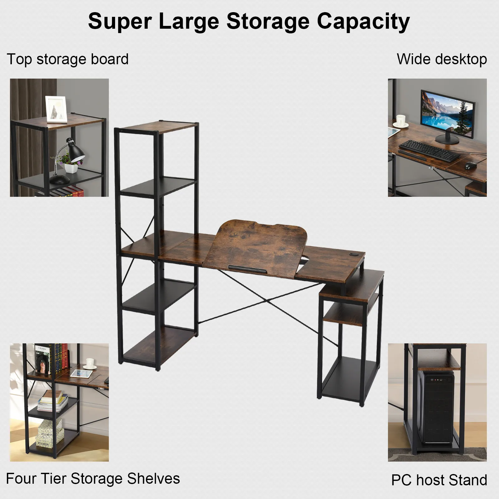 

Wood Computer Table With Tiltable Tabletop Computer Desk With Metal Frame and 5-Tier Open Storage Shelves Drawing Table