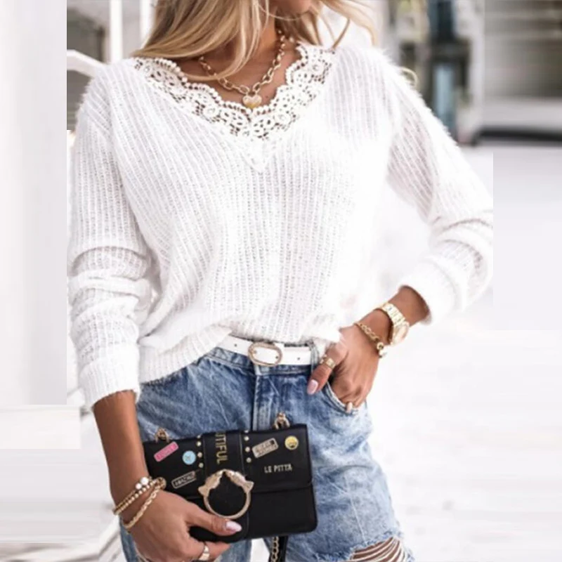 

2021 Fashion Winter Long Sleeve Tops Pullover Autumn Casual Women Knitted Sweaters Elegant Patchwork Lace V Neck Sweater Jumper