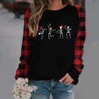 Рождественская забавная женская футболка с принтом скелета черепа, Пуловеры с круглым вырезом, черно-красная клетчатая Повседневная Осенняя футболка с рукавом реглан