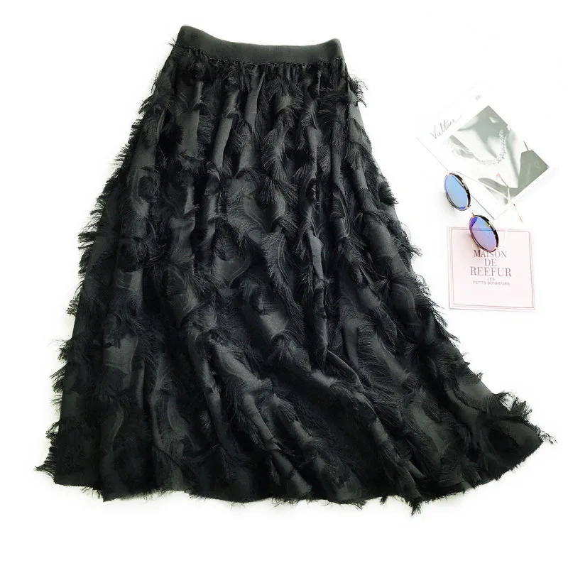 

Long Women's Skirts Chiffon skirt fringed feather chic high waist female Korean style mid-length wild large swing a-line skirt