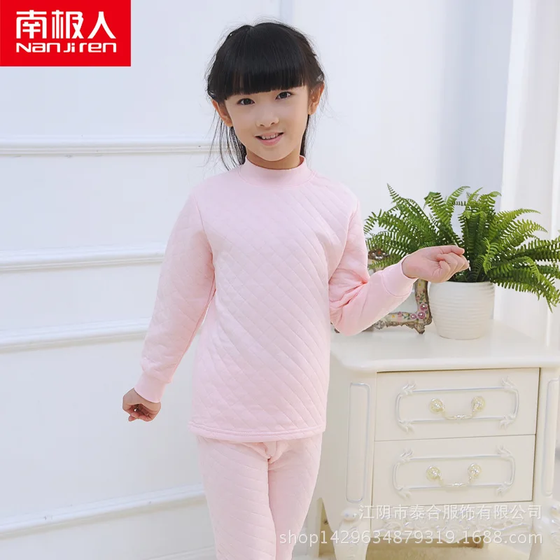 Middle collar pink Антарктическое детское термобелье комплект хлопковой одежды в подростки теплозащитные воздушные рубашки для малышей осенняя одежда длинные штаны Три слоя холодного - Цвет: Middle collar pink