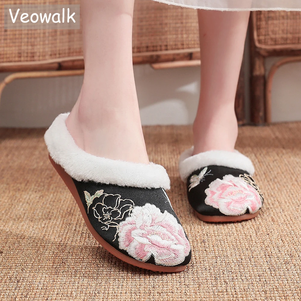 

Мюли Veowalk женские с меховой подкладкой, теплые удобные меховые тапочки, хлопок, сатин, вышивка, плоская подошва, белые, черные, красные, зима