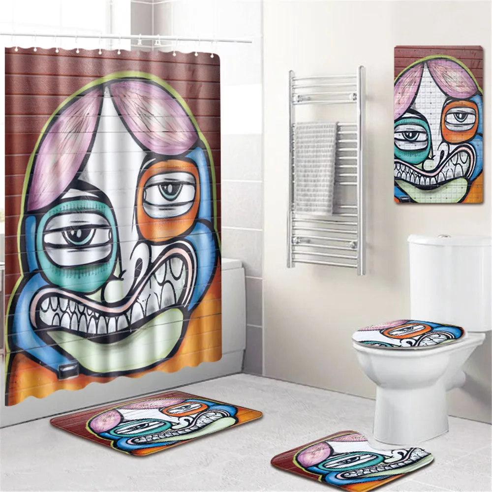 

5pcs Fashion Abstract Graffiti Shower Curtain Bath Mat Toilet Pad Set Non-slip Bathroom Carpet Waterproof Shower Curtain Set