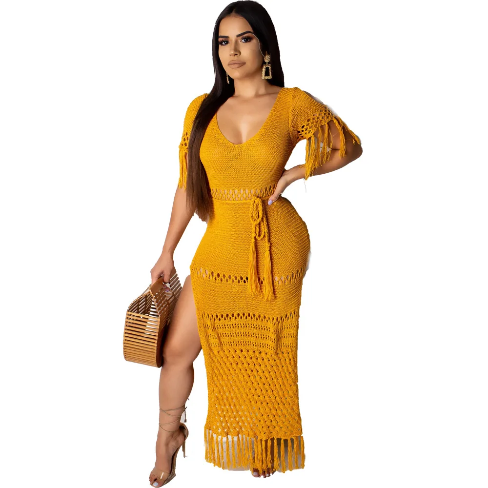 Women's Swim Cover Up Plus Size Sexy Knitting Crochet Beach Dress Tunic Swimsuit Wear Cover Ups Tassel Belt Yellow Kaftan Praia
