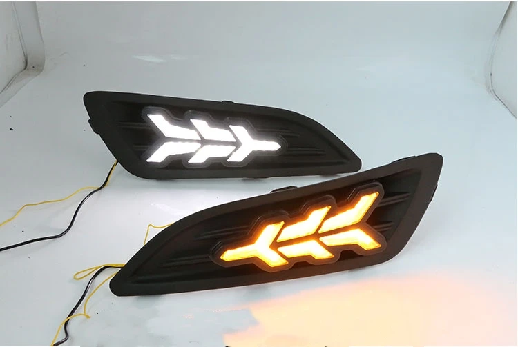 Qirun led drl дневные ходовые огни для Ford Fiesta 2013- с динамическим движущимся желтым поворотным сигналом и синим ночным светом