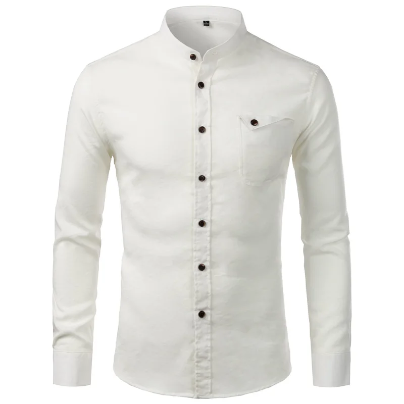 Рубашка мужская с воротником стойкой эластичная сорочка на пуговицах карманами