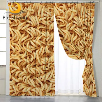 BlessLiving  Instant Noodles Living Room Curtains Food Kitchen Curtains 3D Print Golden Curtains For Bedroom Yummy Door Curtain 1