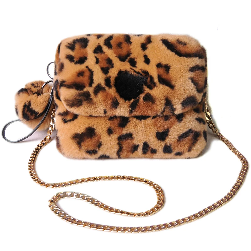 Zero Fish Women's  Real Full-pelt Rex Rabbit Fur Shoulder Bags Leopard Pattern Bucket Bags Lady Soft Fur Handbags