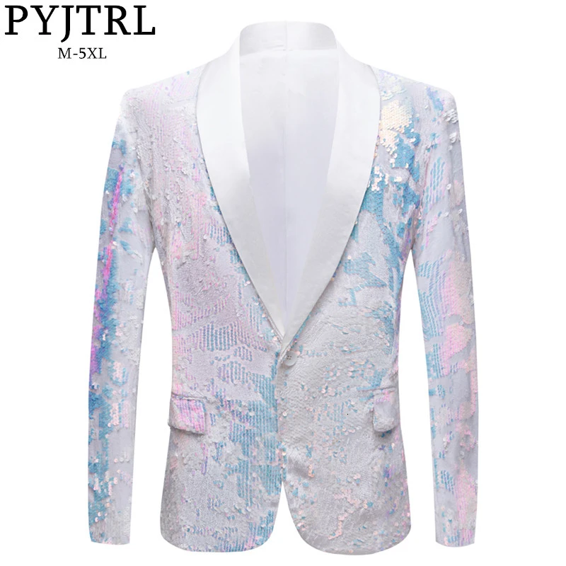 PYJTRL Модный Фиолетовый красочный бархат блёстки Блейзер Masculino Slim Fit мужской костюм куртка сценический певец костюм блестящие пиджаки - Цвет: Белый